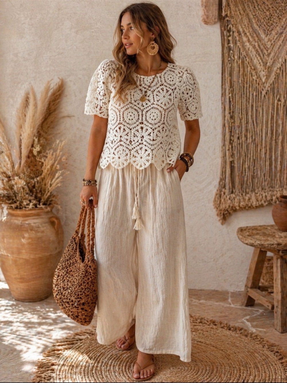 Aqua White Crochet Pattern Short Sleeve Blouse Small Boho Lightweight Casual